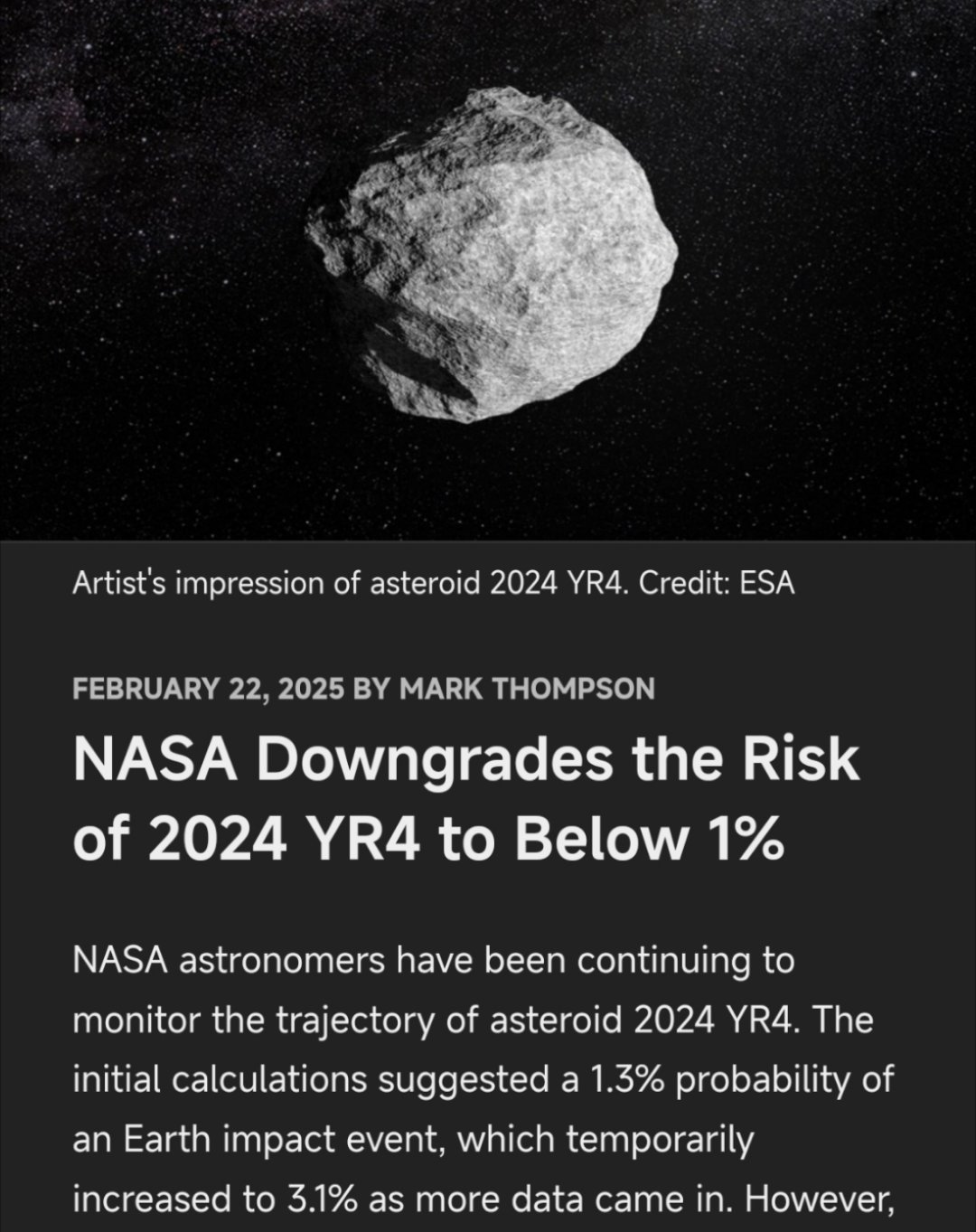 小行星撞地球概率调整为接近为零 最新数据0.28％！2024 YR4正在离地球越