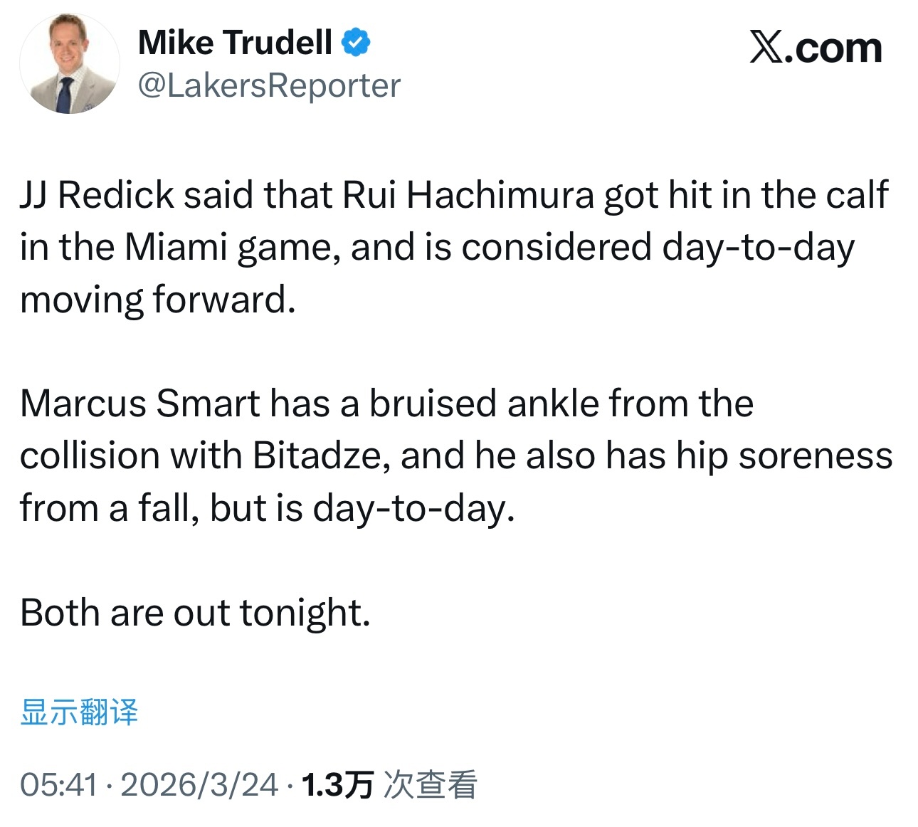 雷迪克表示，八村垒在对阵热火的比赛中小腿被撞伤，后续将进入每日观察状态。斯玛特在