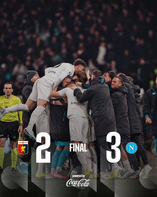 十人那不勒斯3-2热那亚，霍伊伦双响（20'补射、90+5'点球绝杀），麦克托米