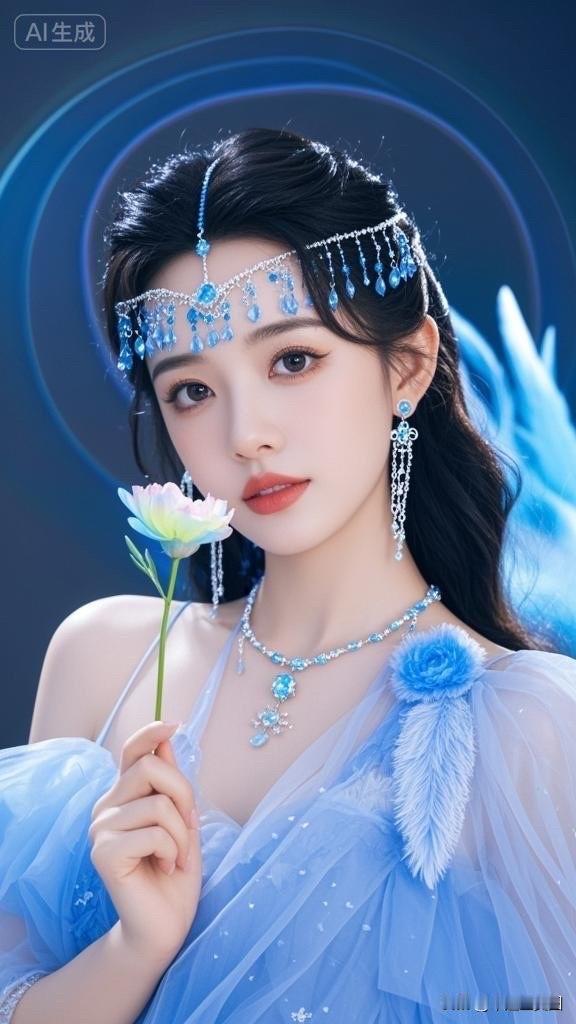 梦幻蓝衣少女，手持彩虹花，仙气飘飘