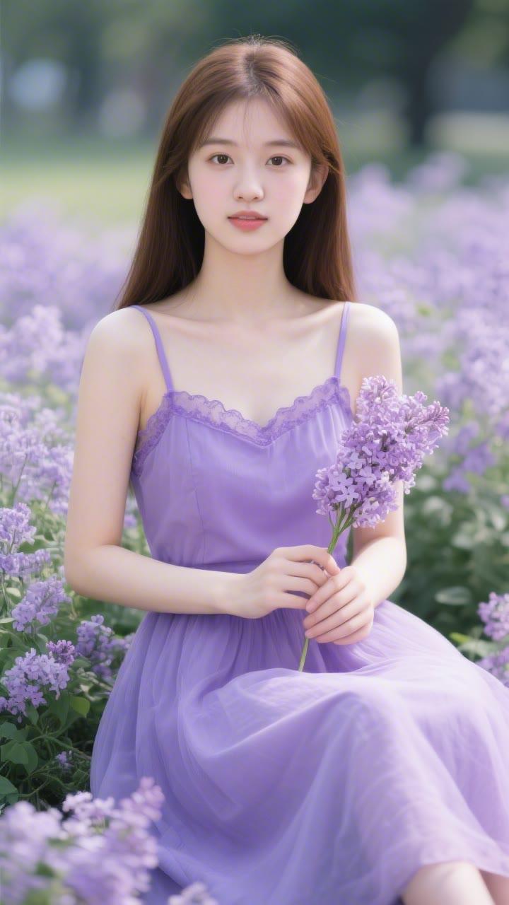 在紫色的花海中，少女手捧一束花，宛如童话中的仙子。