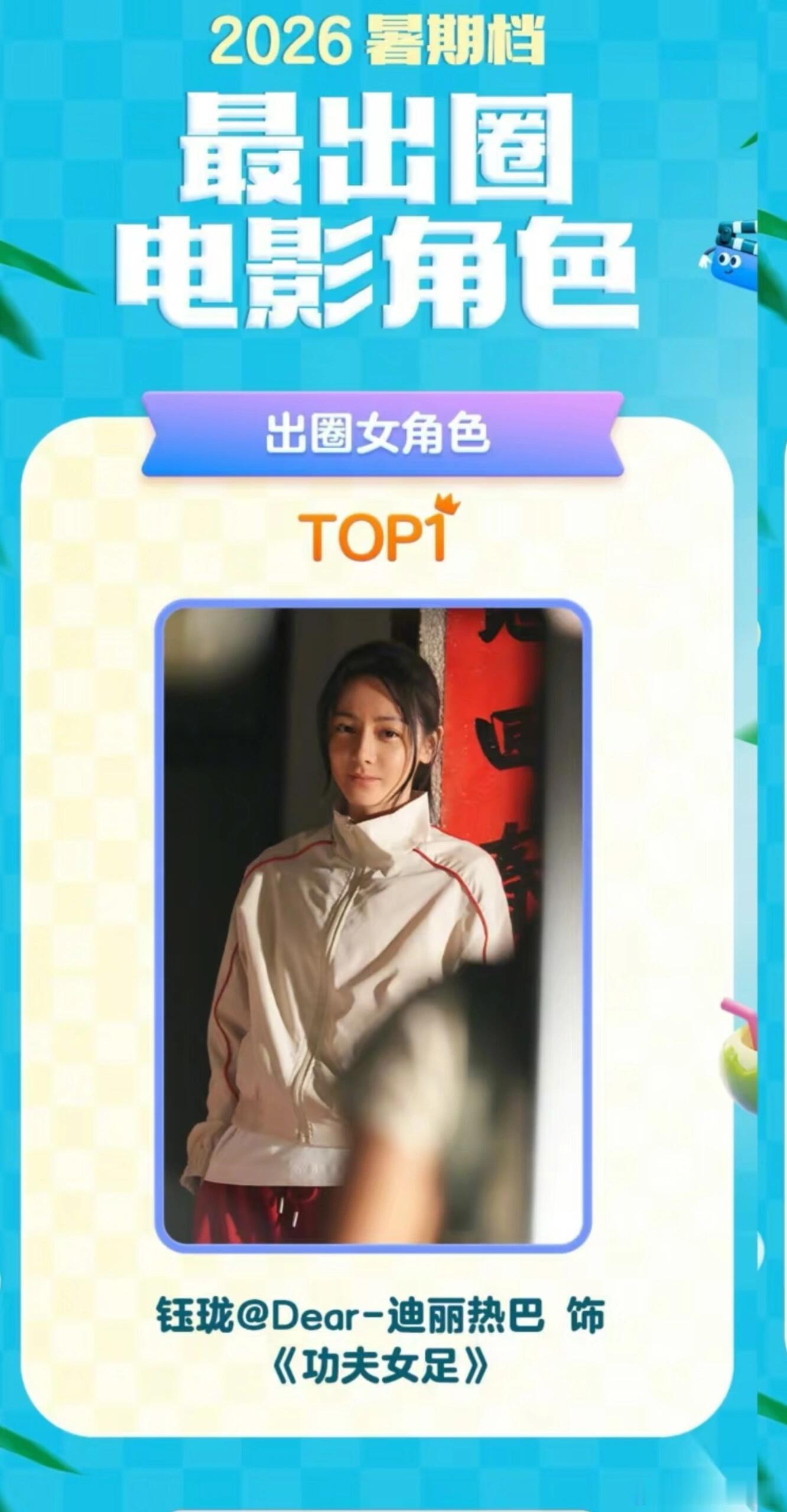 迪丽热巴钰珑出圈女角色TOP1《功夫女足》太猛了，直接拿下暑期档票房、观影人次双