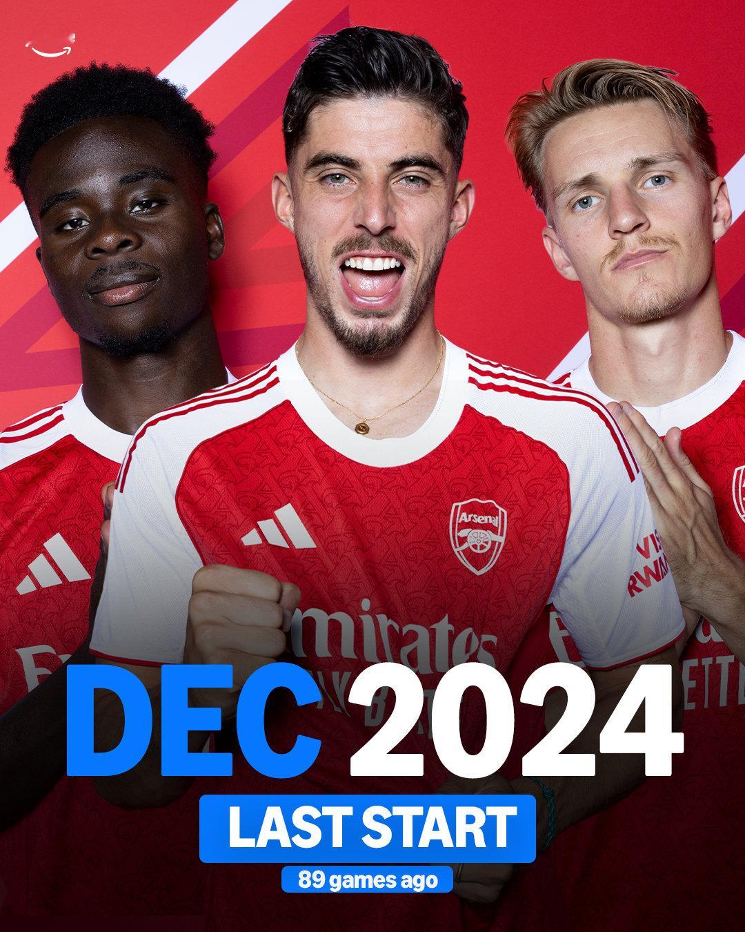 自2024年12月以来，萨卡、哈弗茨和厄德高就再也没有同时首发出战过一场比赛 ?