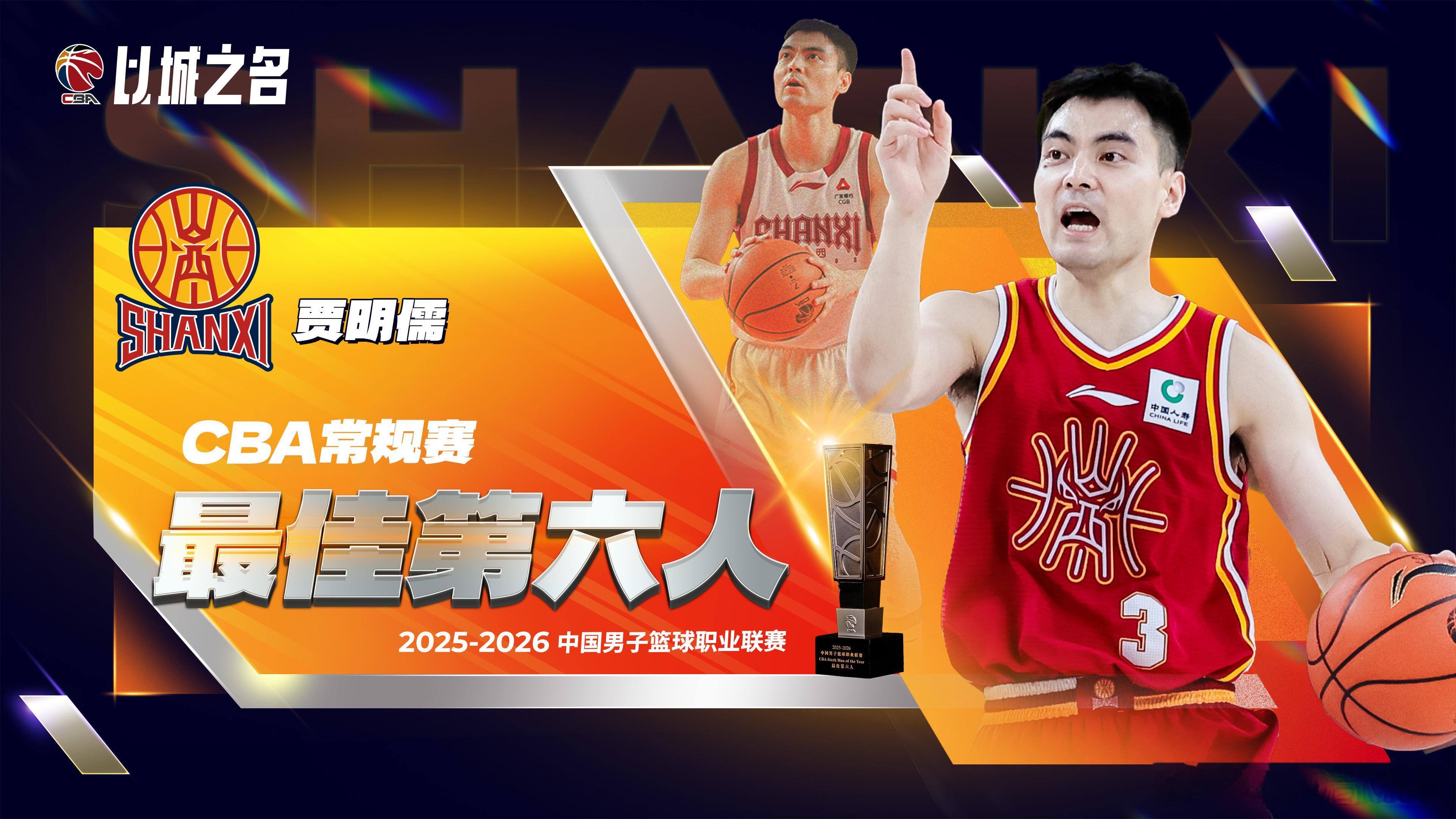 恭喜贾明儒荣膺CBA本赛季最佳第六人。贾明儒本赛季出战40场，24场替补出场，场