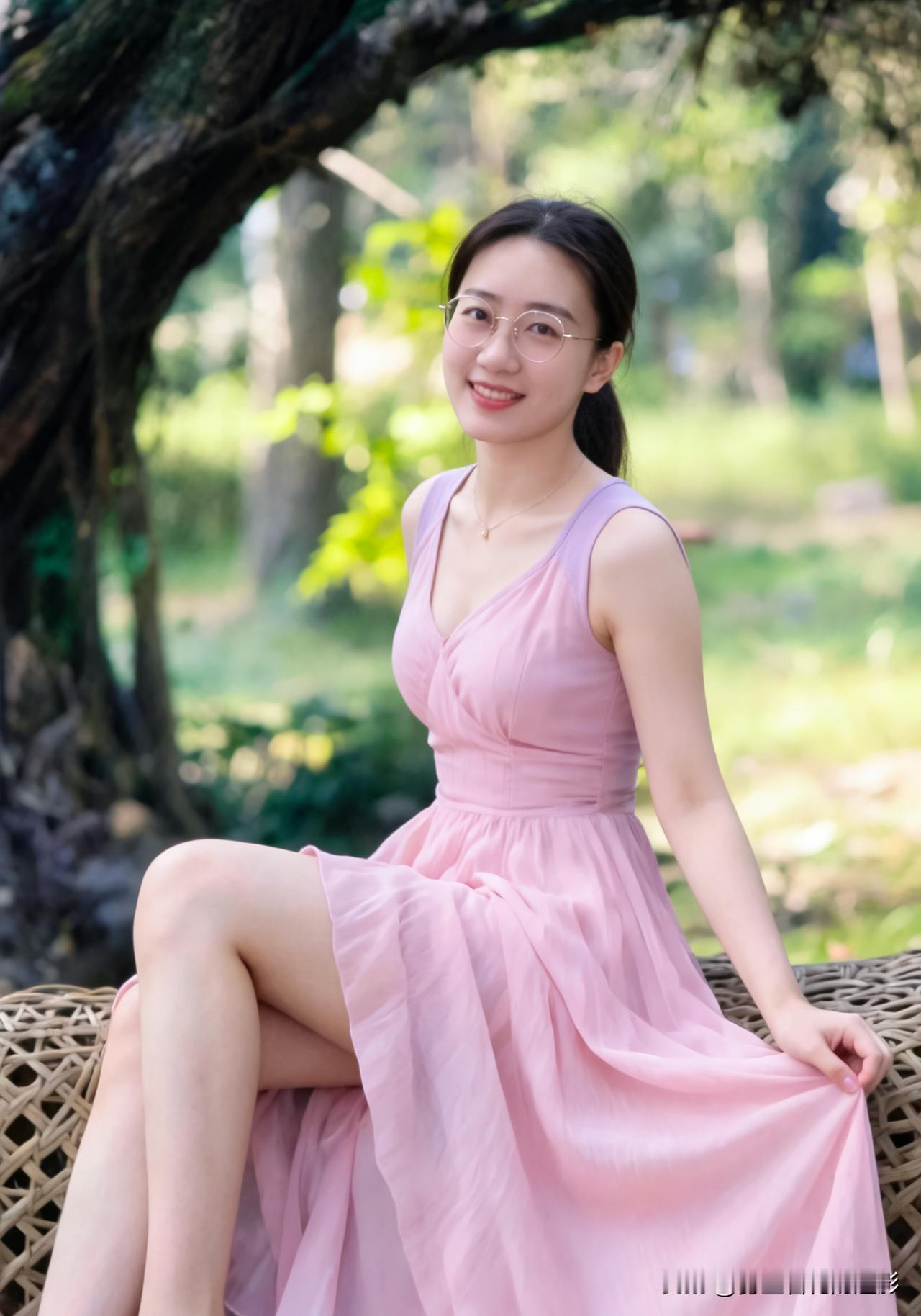 粉裙映绿树，笑语入画来。
