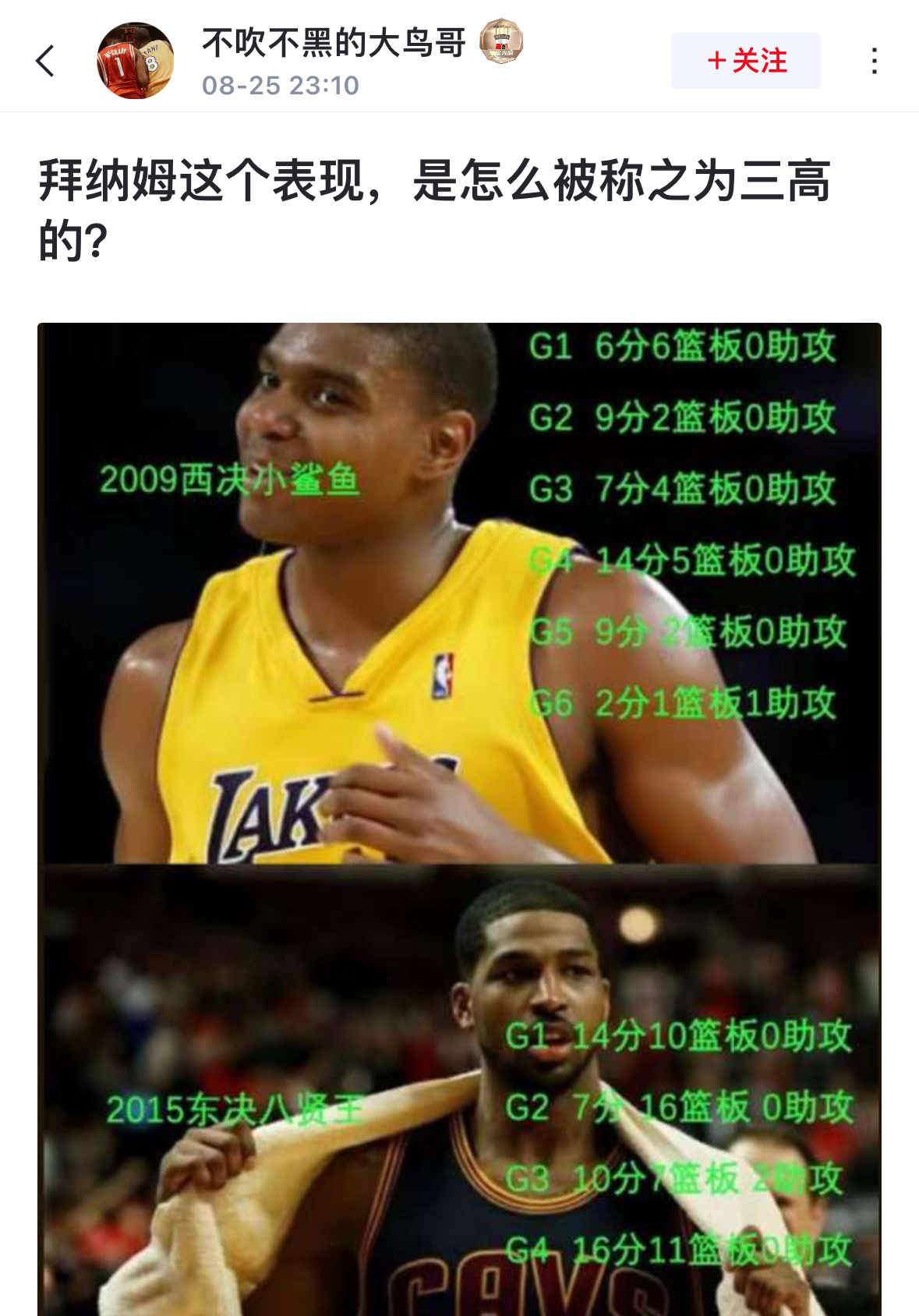 球迷发问: 拜纳姆这个表现，是怎么被称之为三高的？ ​​​