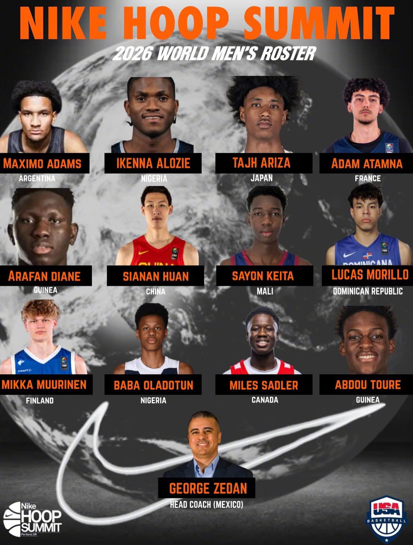 2026年耐克篮球峰会公布了今年的世界队名单，中国球员郇斯楠入选世界队名单。他也