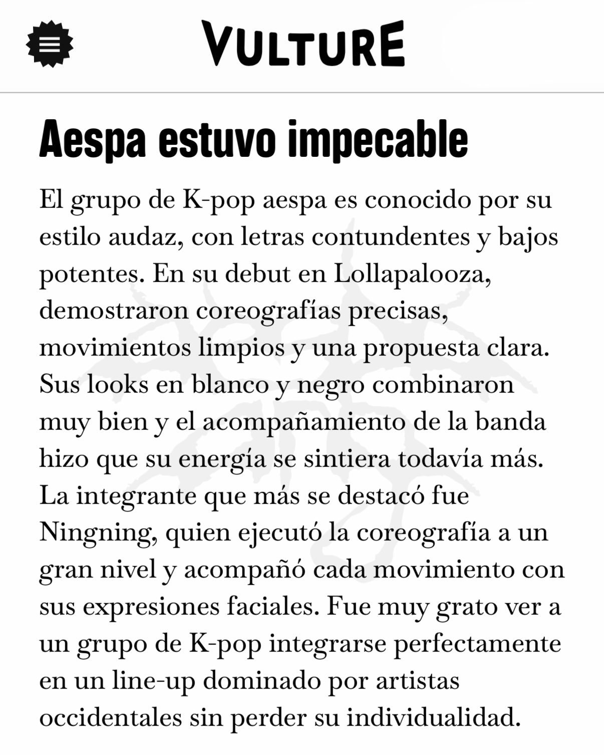 《Vulture》杂志关于aespa在Lollapalooza Chicago的