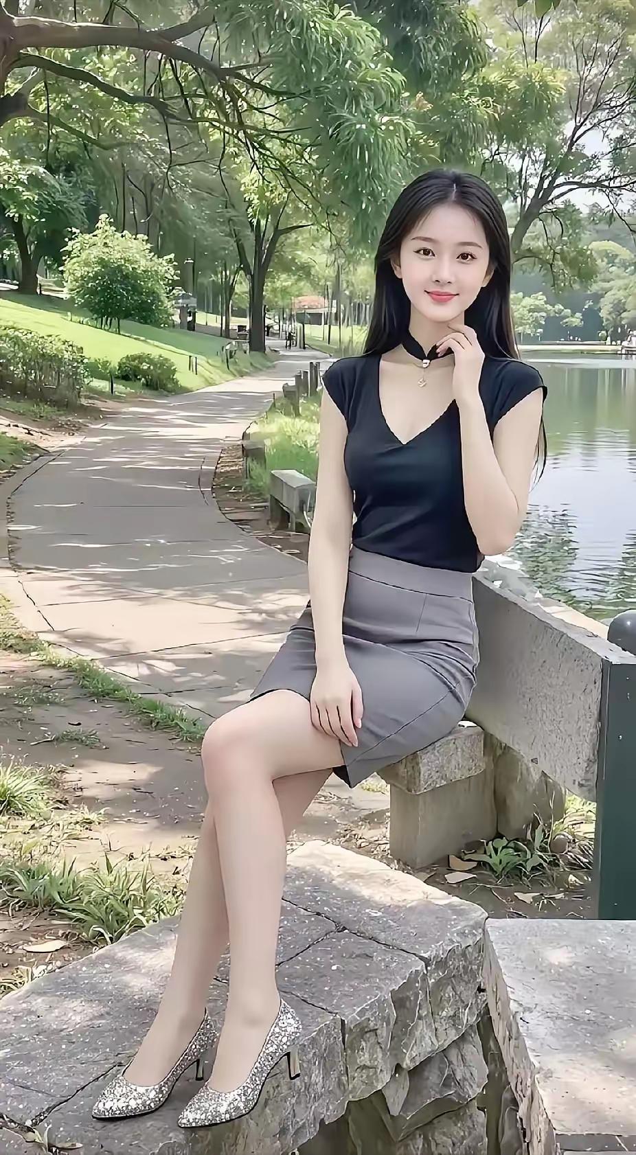 湖畔美人倚，风姿绰约间。分享美少女倩影