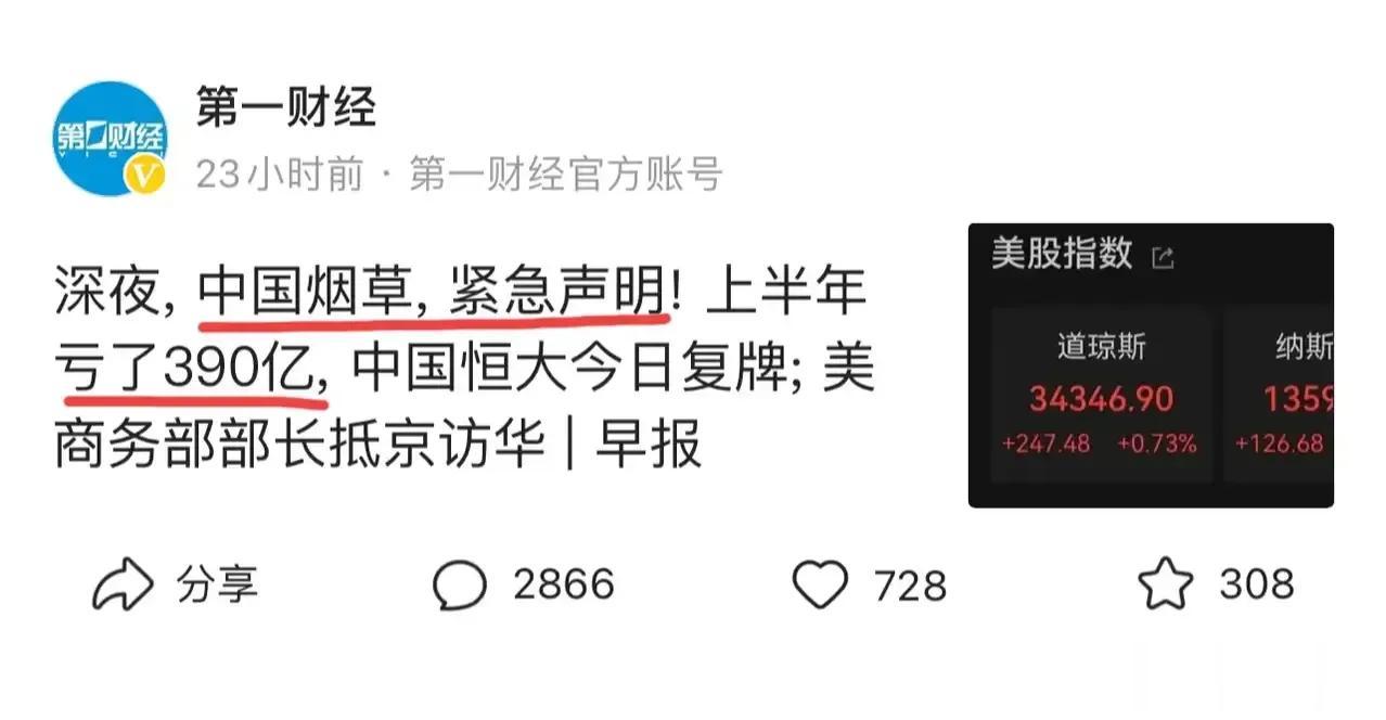 中国烟草亏损了390亿？看了好几遍，都是这个意思。我想着不可能啊，中国几亿烟民，