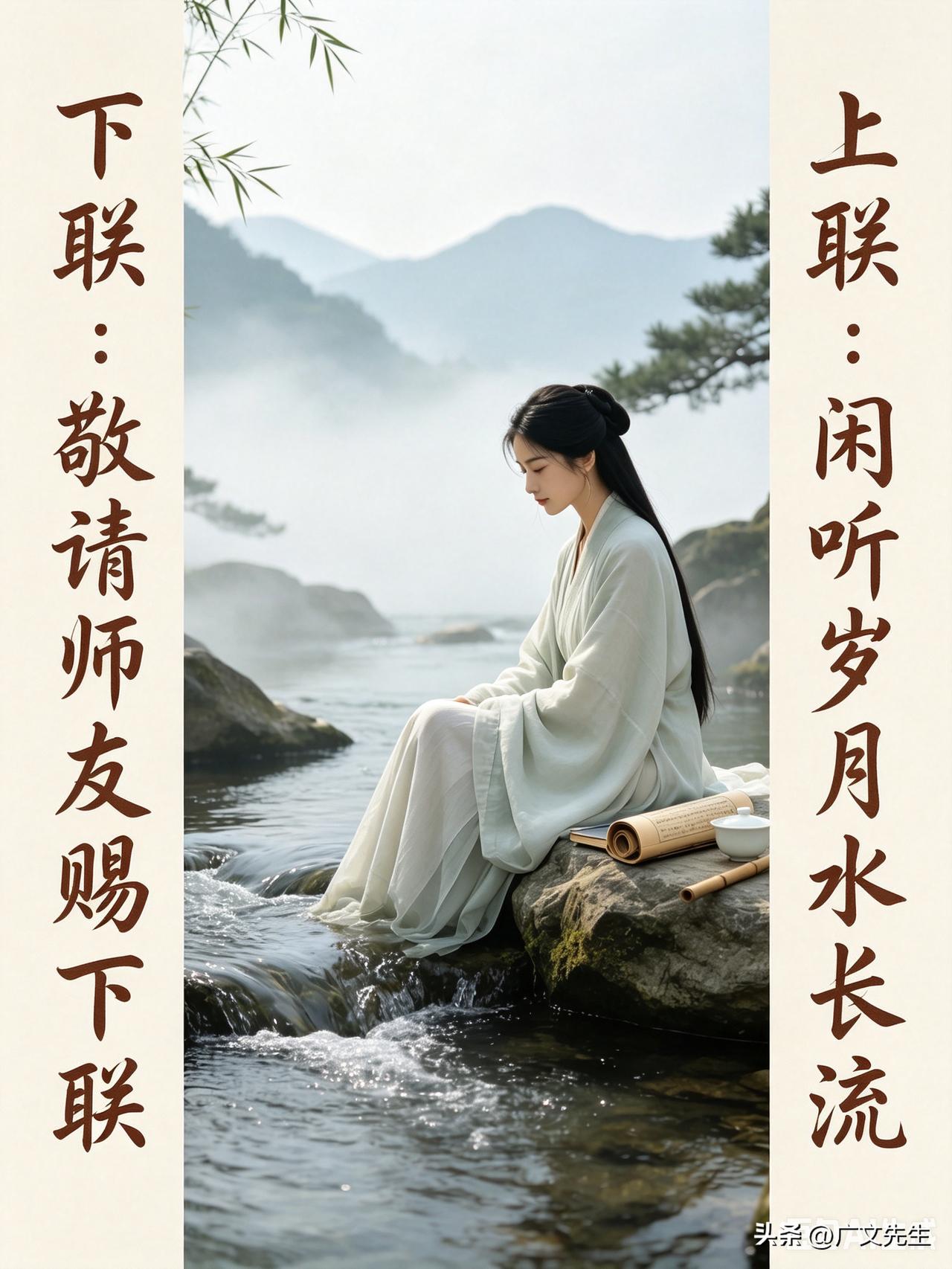 闲来听雨观景，随口凑出一句上联：闲听岁月水长流。
本以为随手就能对上合适的下联，