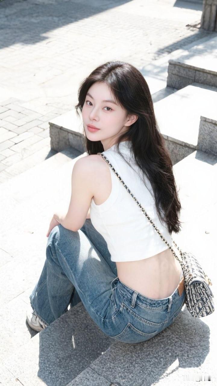 阳光正好，她坐台阶上回眸一笑，白T牛仔配链条包，慵懒又时髦，这街角氛围感拉满！甜