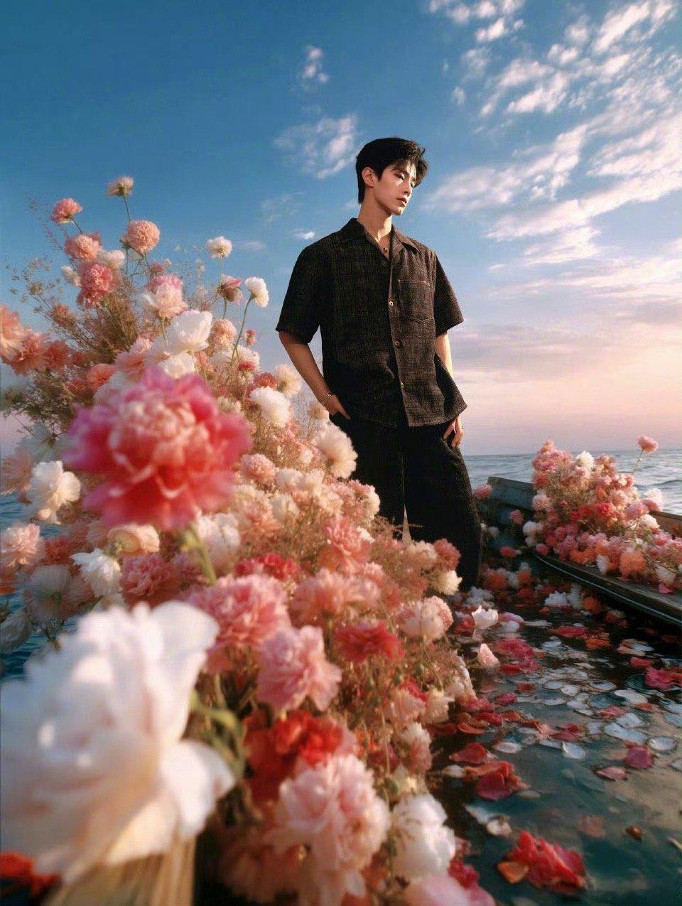 何与VOGUE海上生花大片 谁懂啊！何与这组写真也太绝了！花海中他随性自在，海风