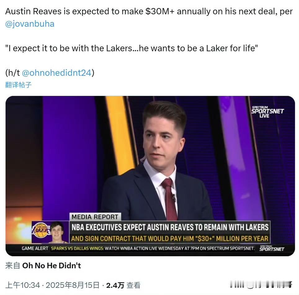 愿终身效力湖人！！！里夫斯新合同预计将超过3000万美元！

根据前湖人记者Jo