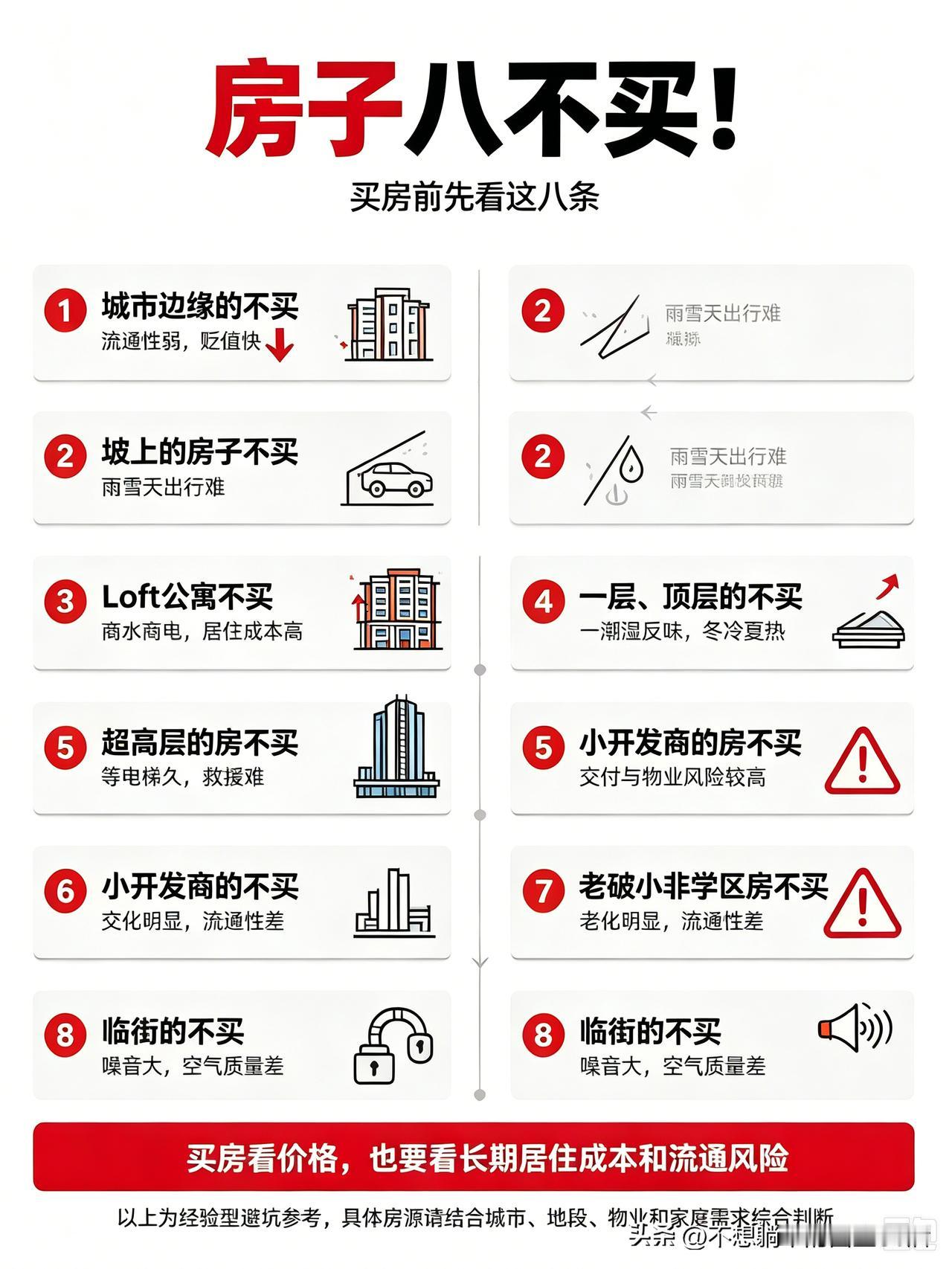 房子八不买！
1、城市边缘的不买；
2、坡上的房子不买；
3、Loft公寓不买；