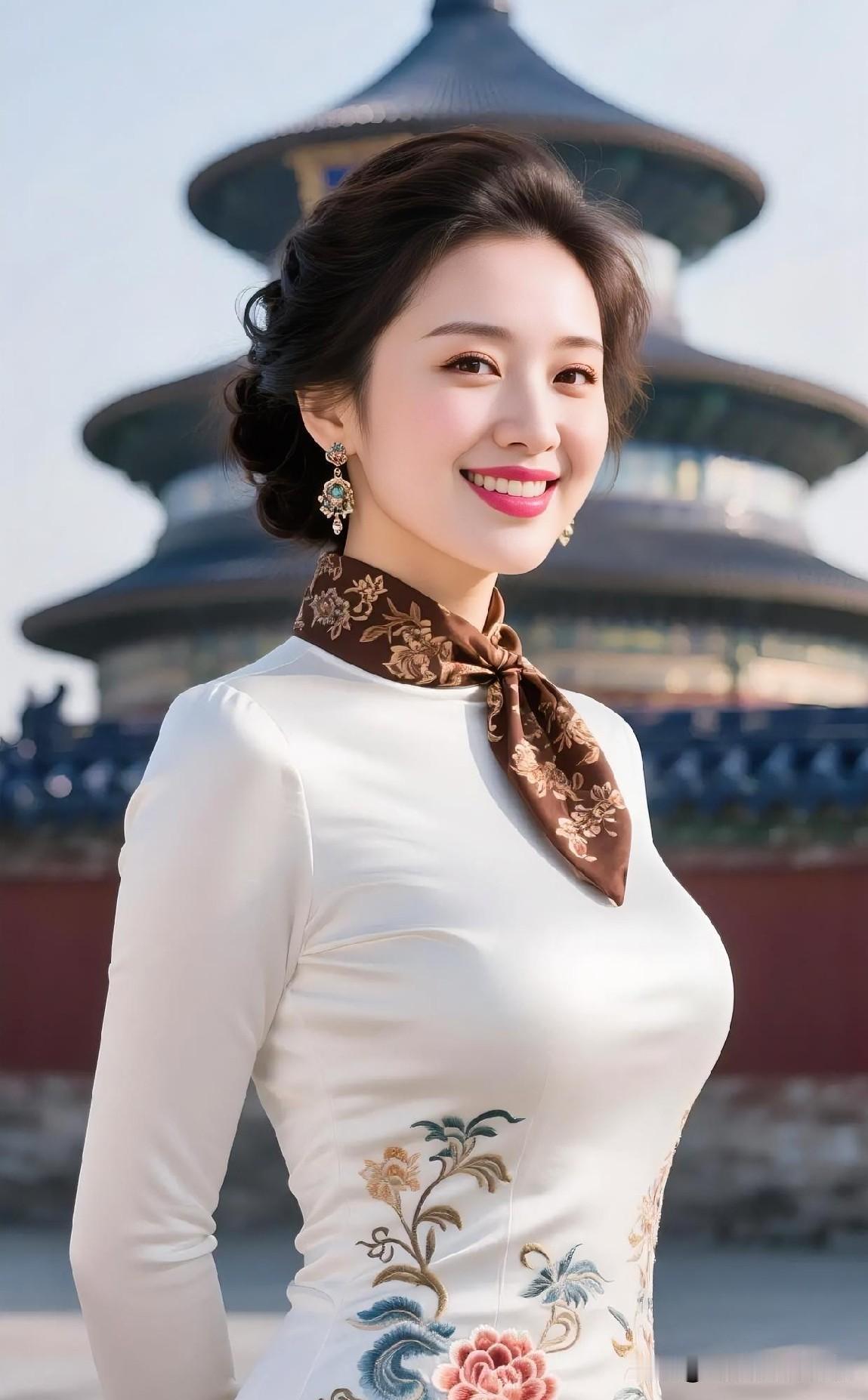 素白绣花映古建，盘发丝巾显典雅。天坛之下，温婉微笑，绽放东方美人的知性气韵。