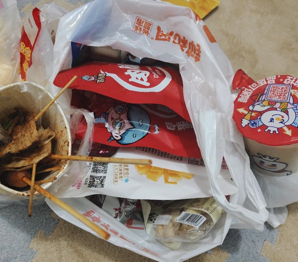 我觅食回来了我买了烧烤 奶茶 还有小零食