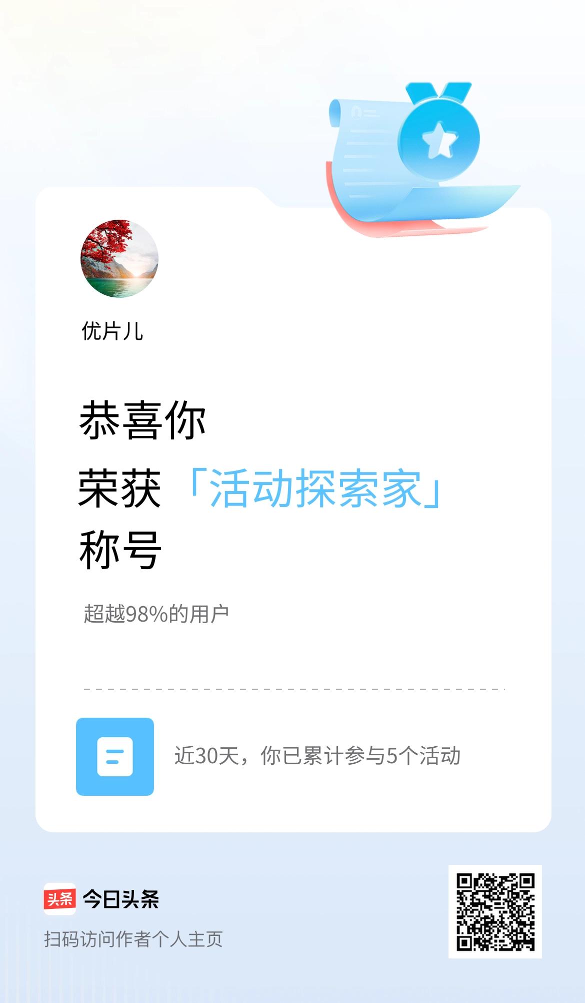 我在头条获得「活动探索家」称号