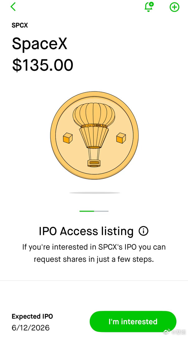 spaceX的ipo能在robinhood request了，今天太空板块的情绪