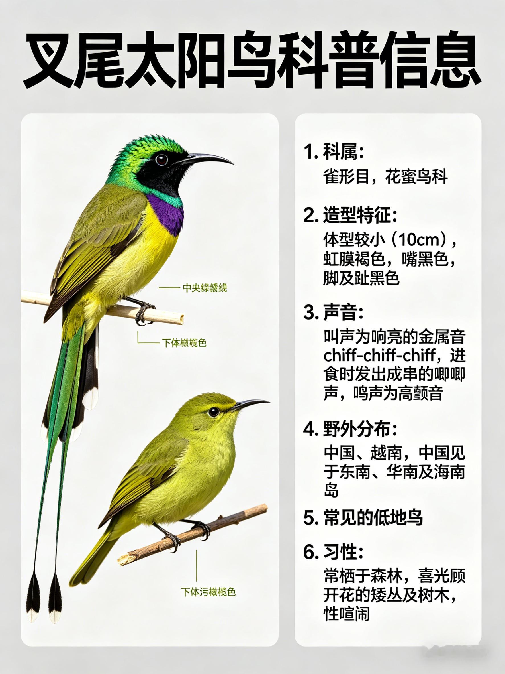 鸟类朋友图鉴 叉尾太阳鸟·科属：雀形目，花蜜鸟科。·外形特征：体型较小（10cm