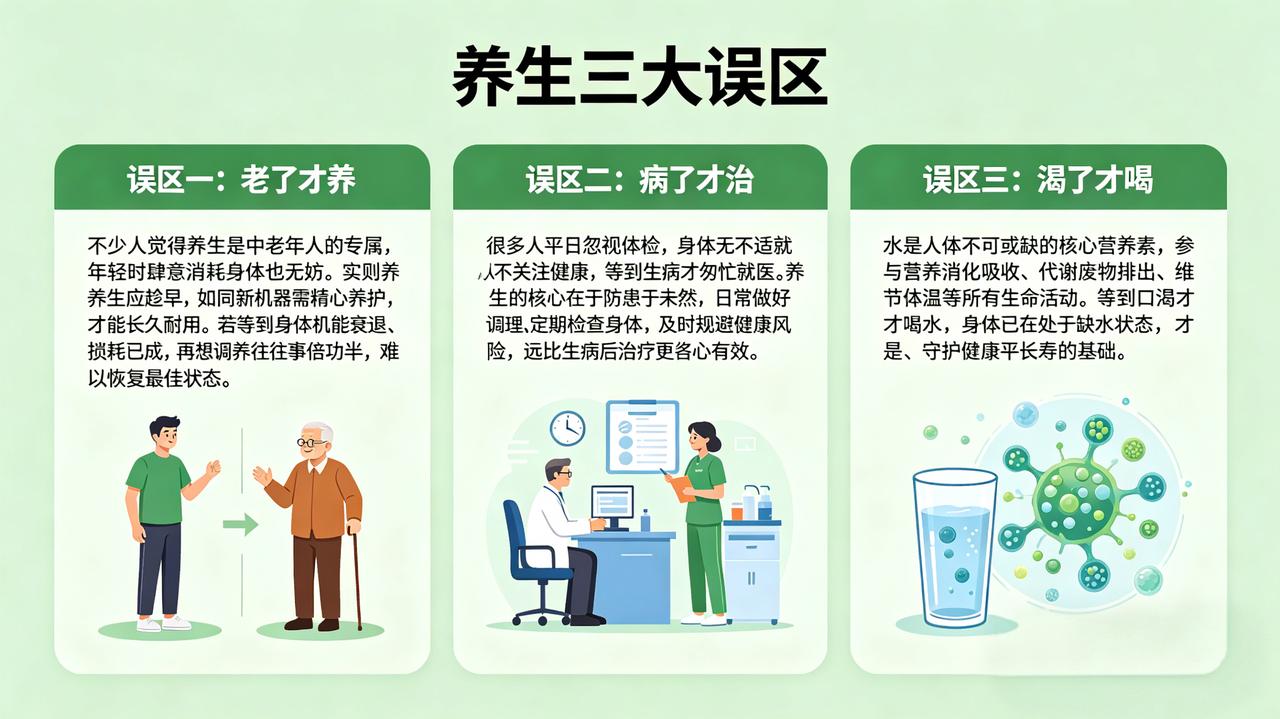 健康养生小知识
 
养生三大误区
 
一、老了才养
不少人觉得养生是中老年人的专