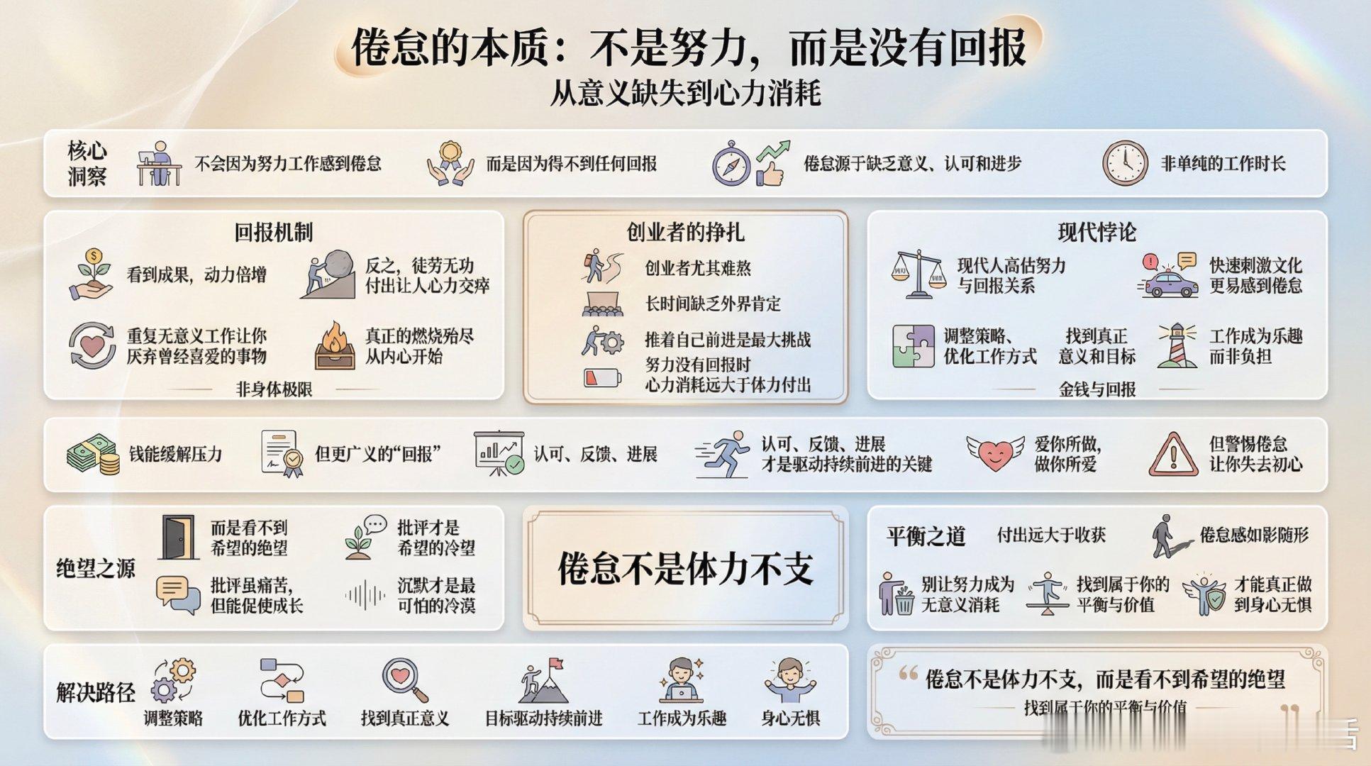 你不会因为努力工作而感到倦怠，而是因为得不到任何回报。倦怠源于缺乏意义、认可和进