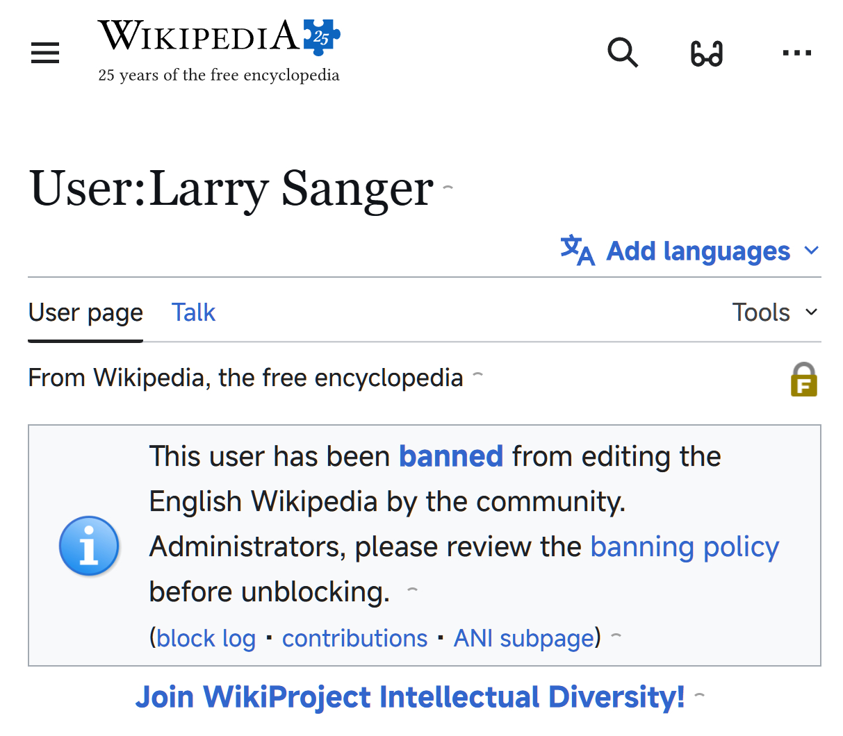 维基百科的联合创始人、“维基百科”这个词的创造者Larry Sanger，被维基