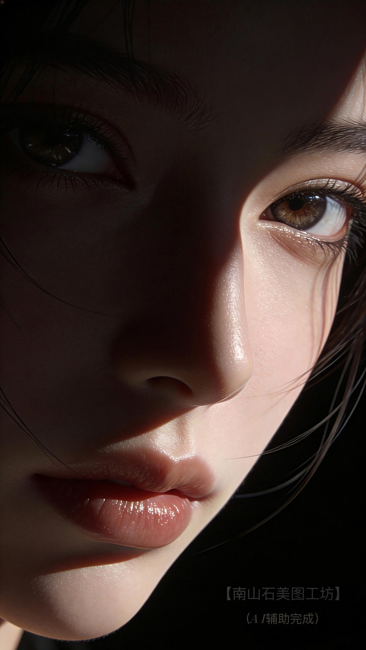 光影为刻刀，雕琢侧颜轮廓；睫如蝶翼，振落星芒碎光；唇似蜜桃，漾开柔润绯色。明暗交