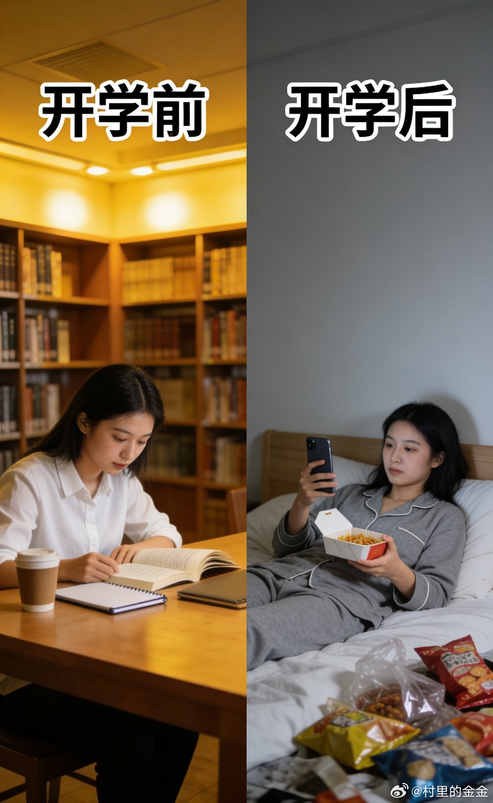 开学前幻想自己：泡图书馆、高效写论文、岁月静好。现实里的我：睡到大中午，哄自己去