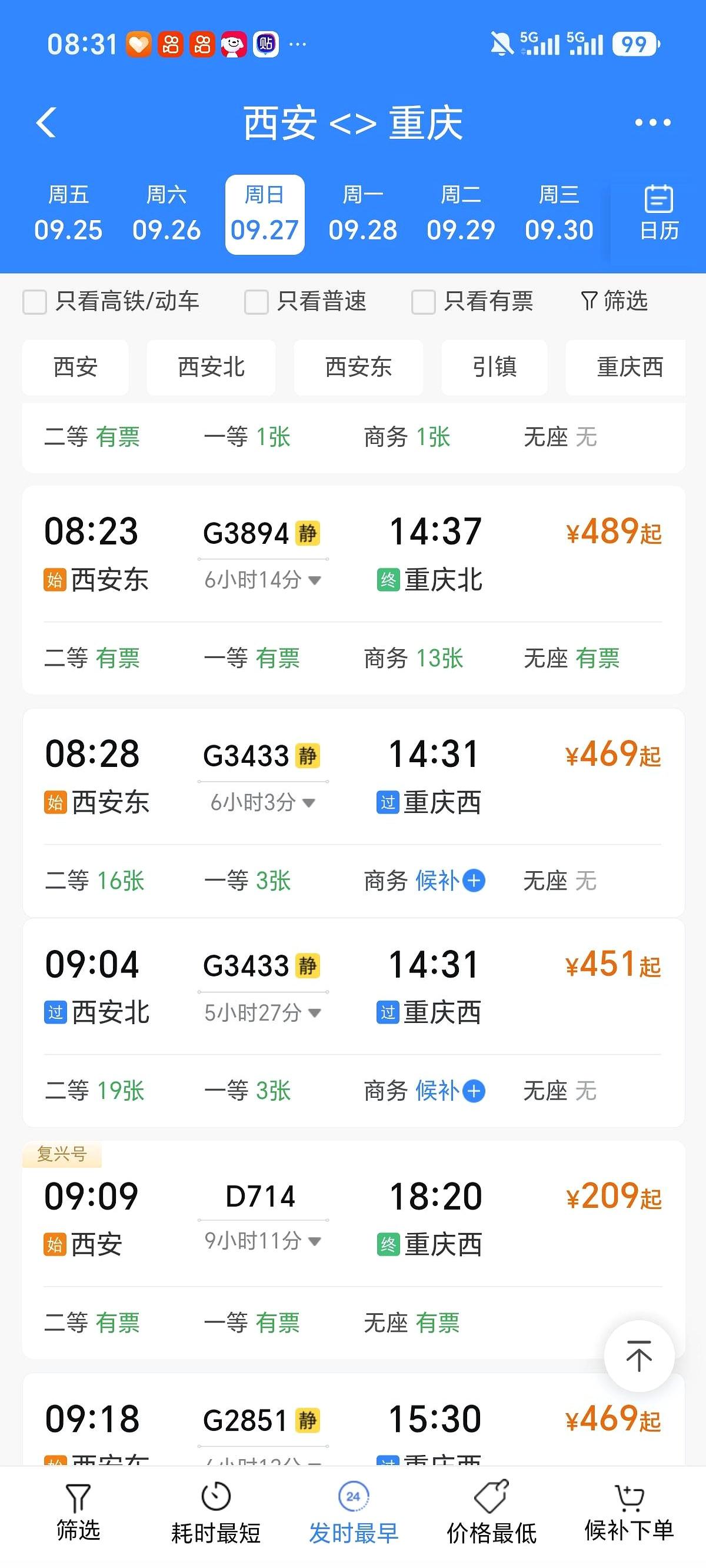 刷票时真愣住了，西安到重庆，高铁价跟速度没对上号。
G3894，8:23西安东发