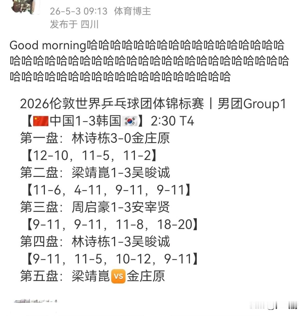 🏓伦敦世乒赛•得知国乒男队1-3韩国队后，“心情一天都好了”，想不明白这是啥人
