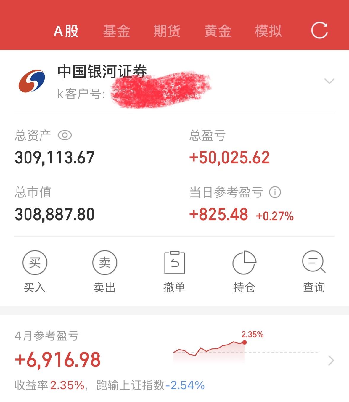 今天+825.48元，总盈亏+50,025.62元，总市值308,887.80元
