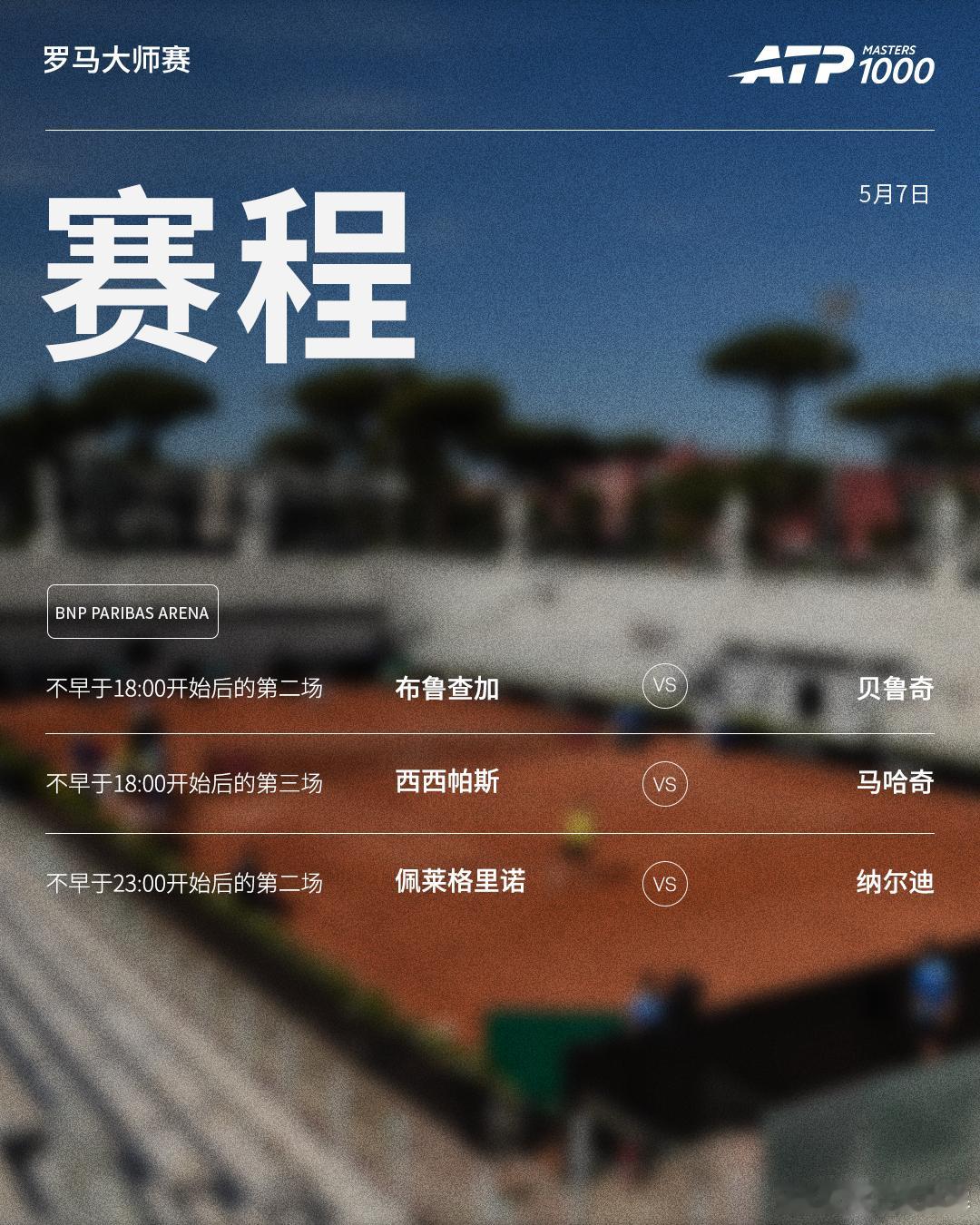 ATP1000 罗马大师赛周四赛程如下（均为北京时间）👀📍意大利·罗马🎾男