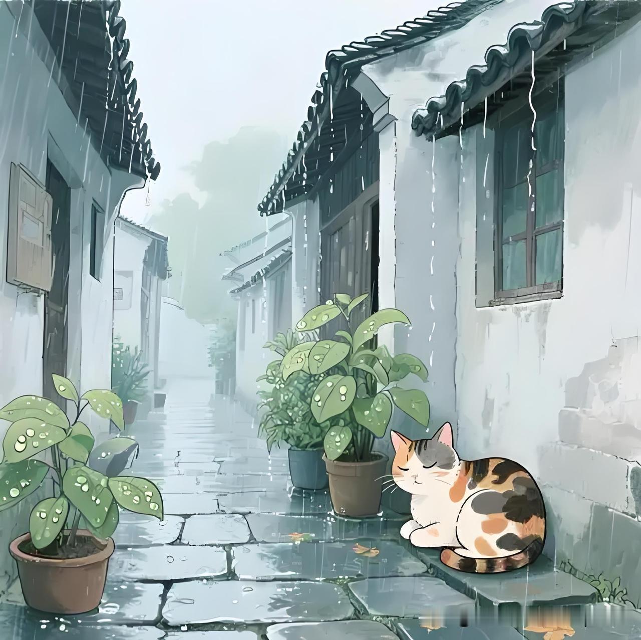 《假中闭户终日偶得绝句》
——宋.陆游
雨声滴滴暮未已，
苔晕重重寒更添。
知是