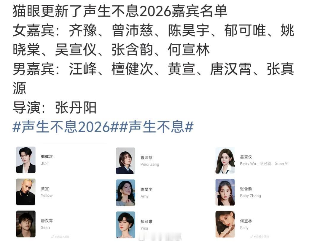 猫眼更新了声生不息2026嘉宾名单女嘉宾：齐豫、曾沛慈、陈昊宇、郁可唯、姚晓棠、