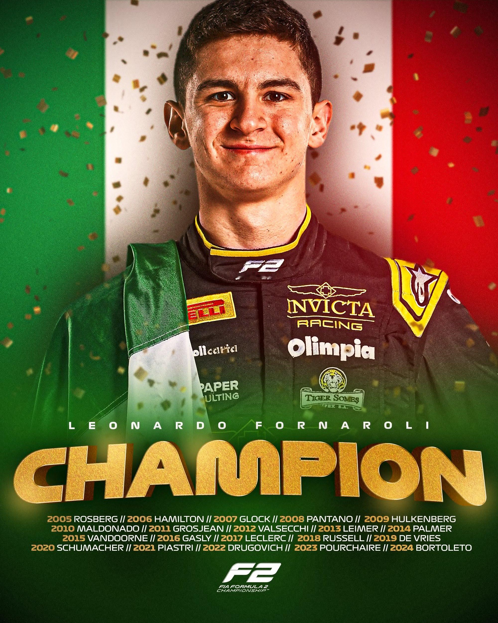 福纳罗利取得2025赛季F2锦标赛总冠军🏆去年刚刚拿下F3总冠军的他，也完成了