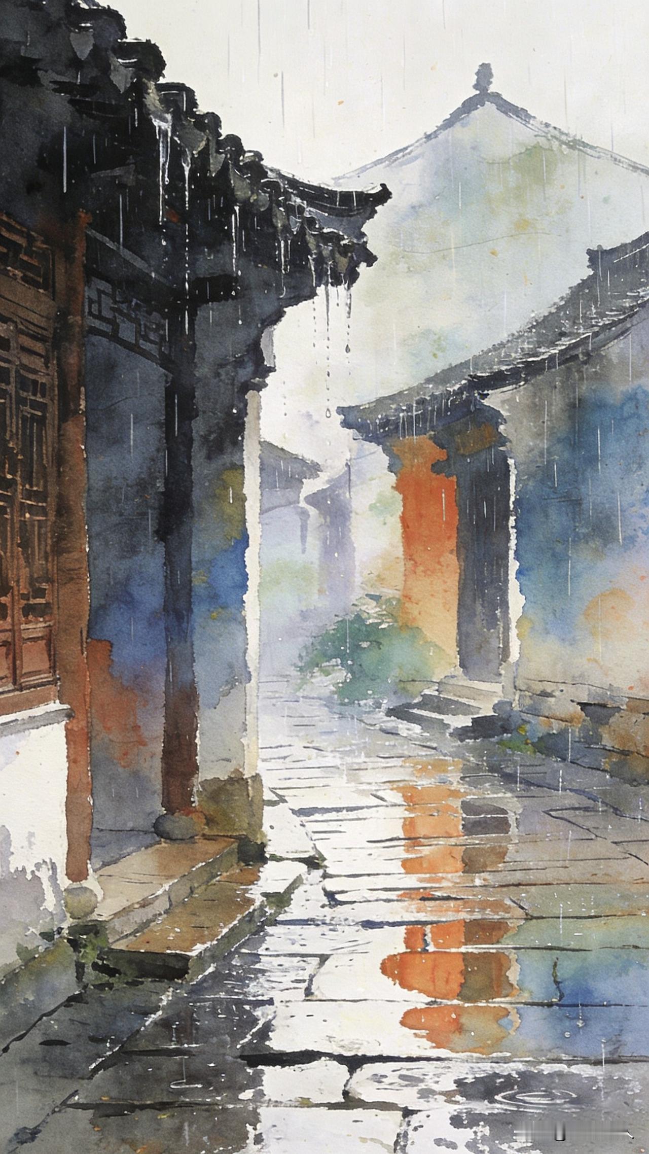 今儿在古镇逛着，见着青石板路淋了细雨，屋檐滴水敲着石阶，脑子一热憋出个上联，总觉