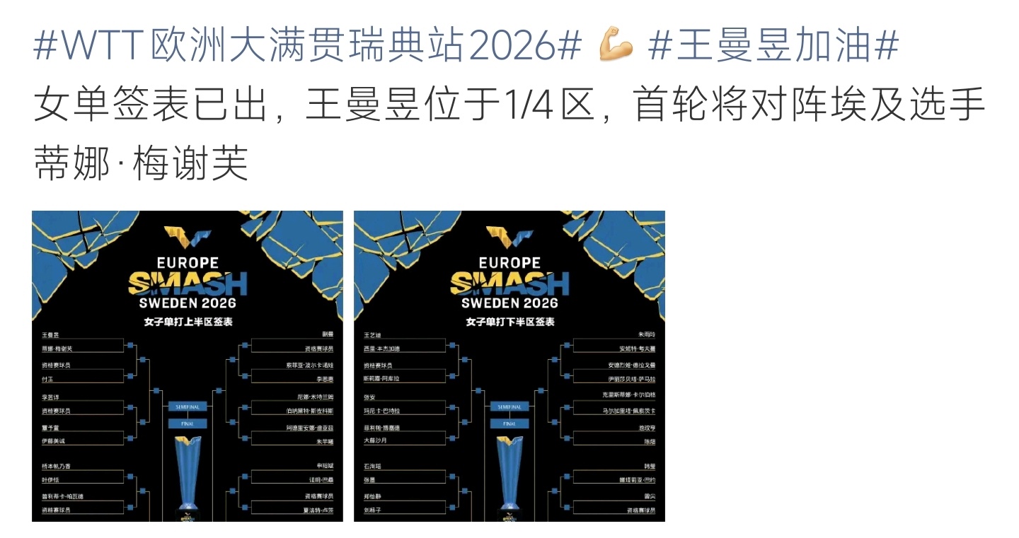 瑞典大满贯 女单签表女单完整签表出炉，王曼昱坐镇1/4区，首轮迎战埃及选手蒂娜·
