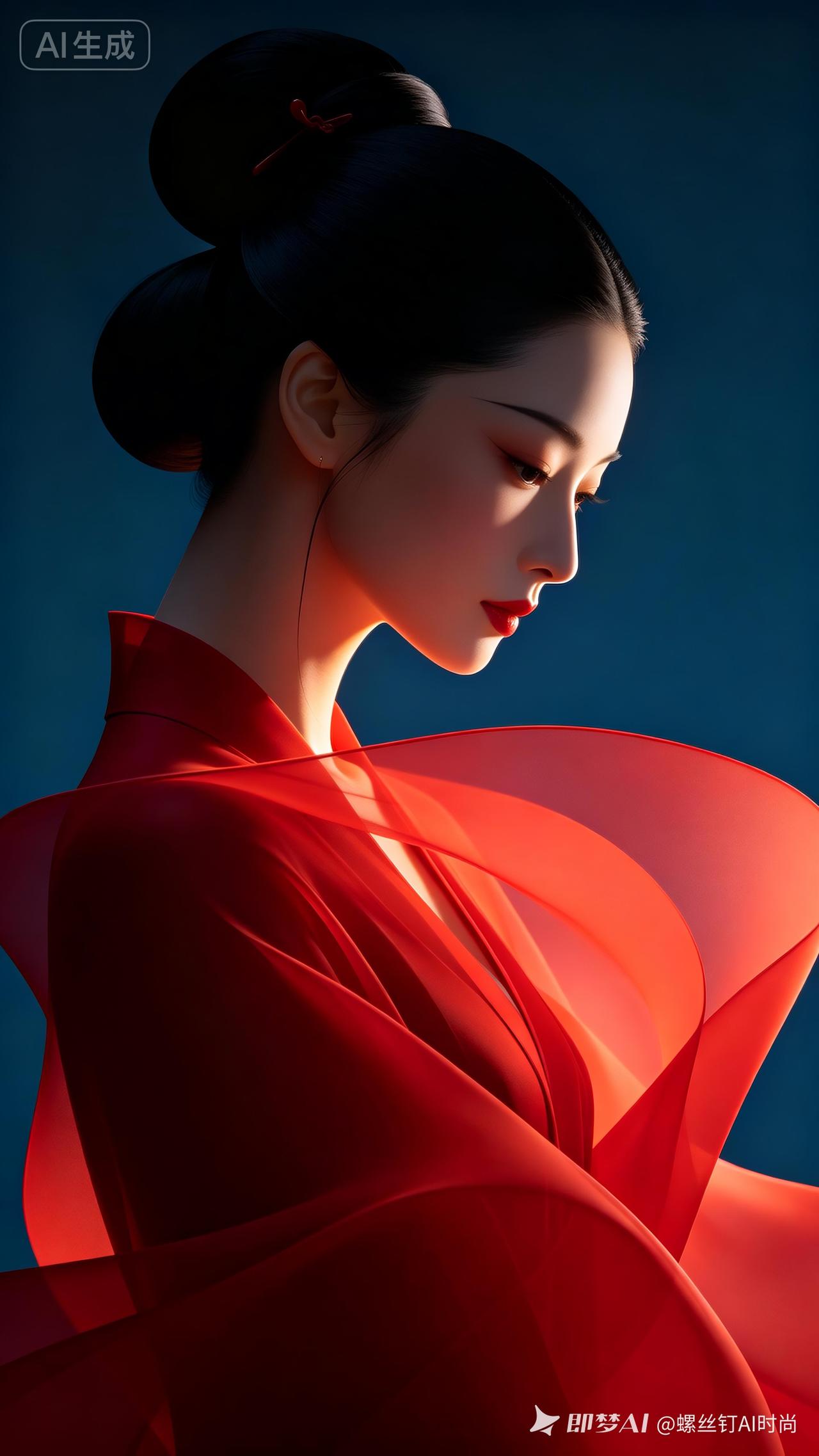 女子身披清初解构红纱衣，深邃纯黑蓝底衬出锋利轮廓光，于暗影中静望，细节极致精细，