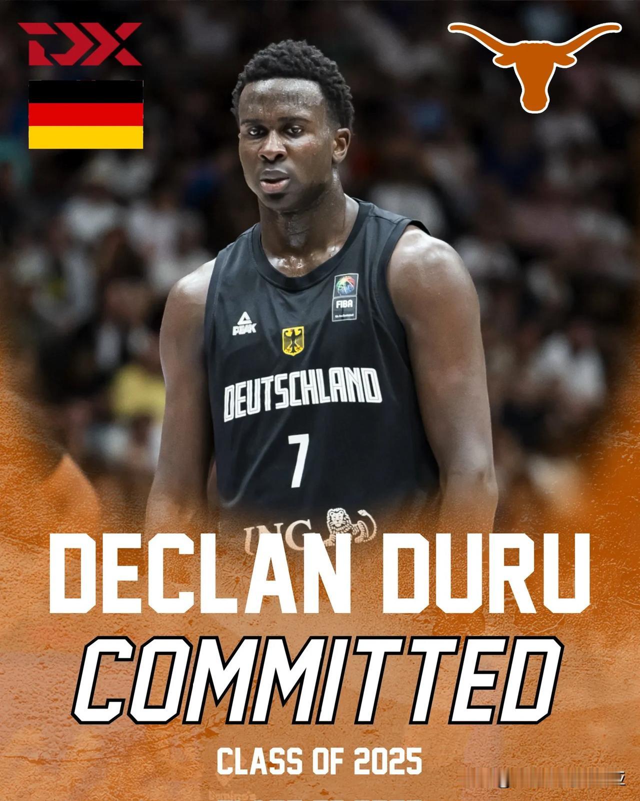 德国前锋Declan Duru宣布承诺NCAA男篮 德州大学，长角牛队内第12位