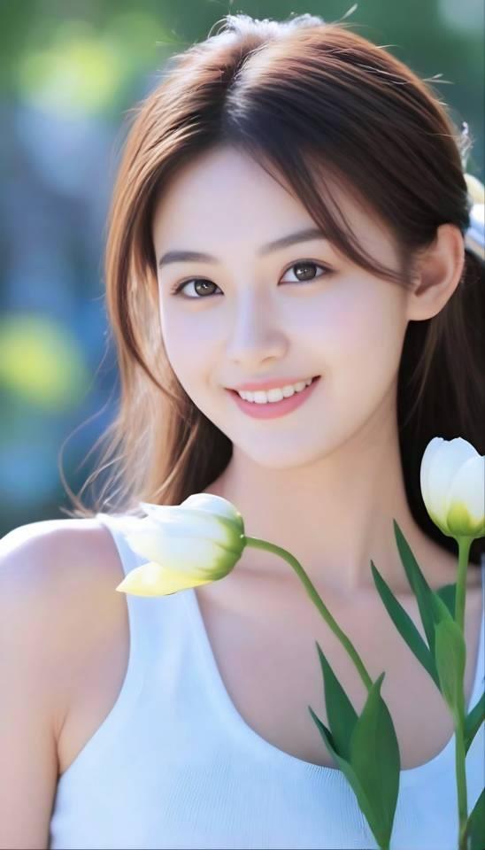 阳光明媚的午后，微笑女孩与白色郁金香相伴，绽放青春的美好。🌸😊