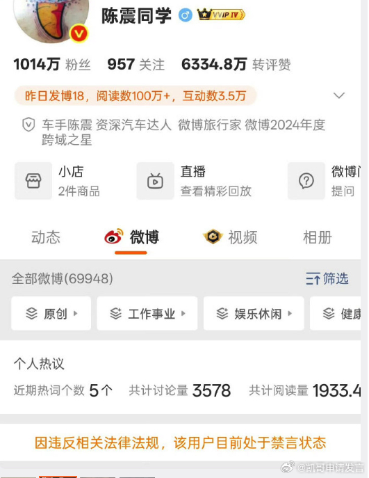 陈震多平台被禁言陈震多个社交账号被封禁 被禁原因：违反相关法律法规和政策。 