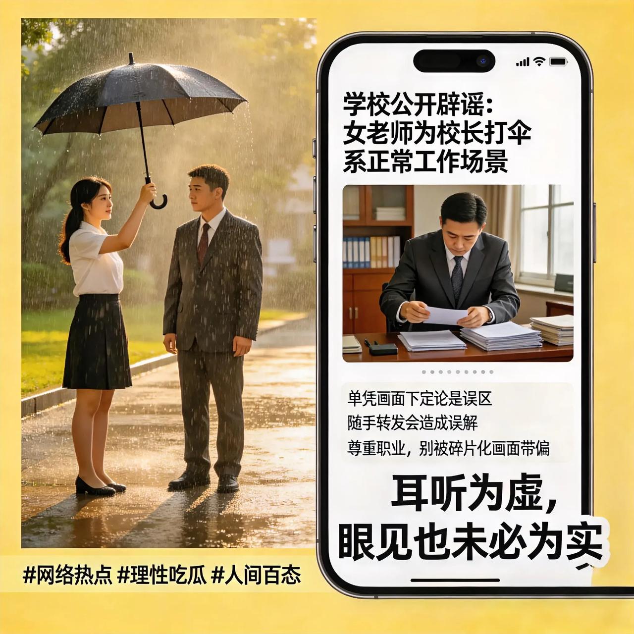 今天终于等来结果，女老师为校长打伞一事，学校公开辟谣了。
 
① 单凭一个画面下