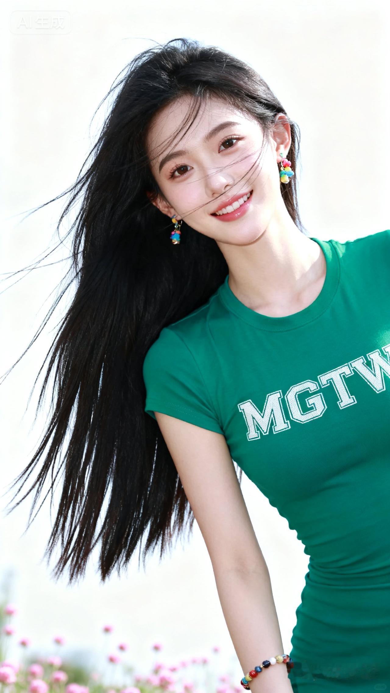 一个穿绿T恤的女孩在微笑。