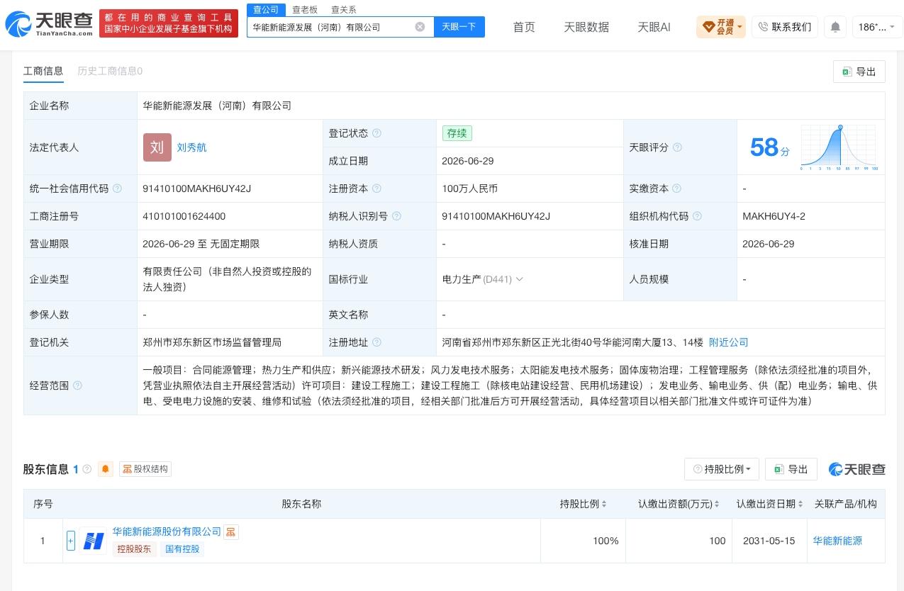 华能新能源在河南成立新公司 注册资本100万
天眼查App显示，近日，华能新能源