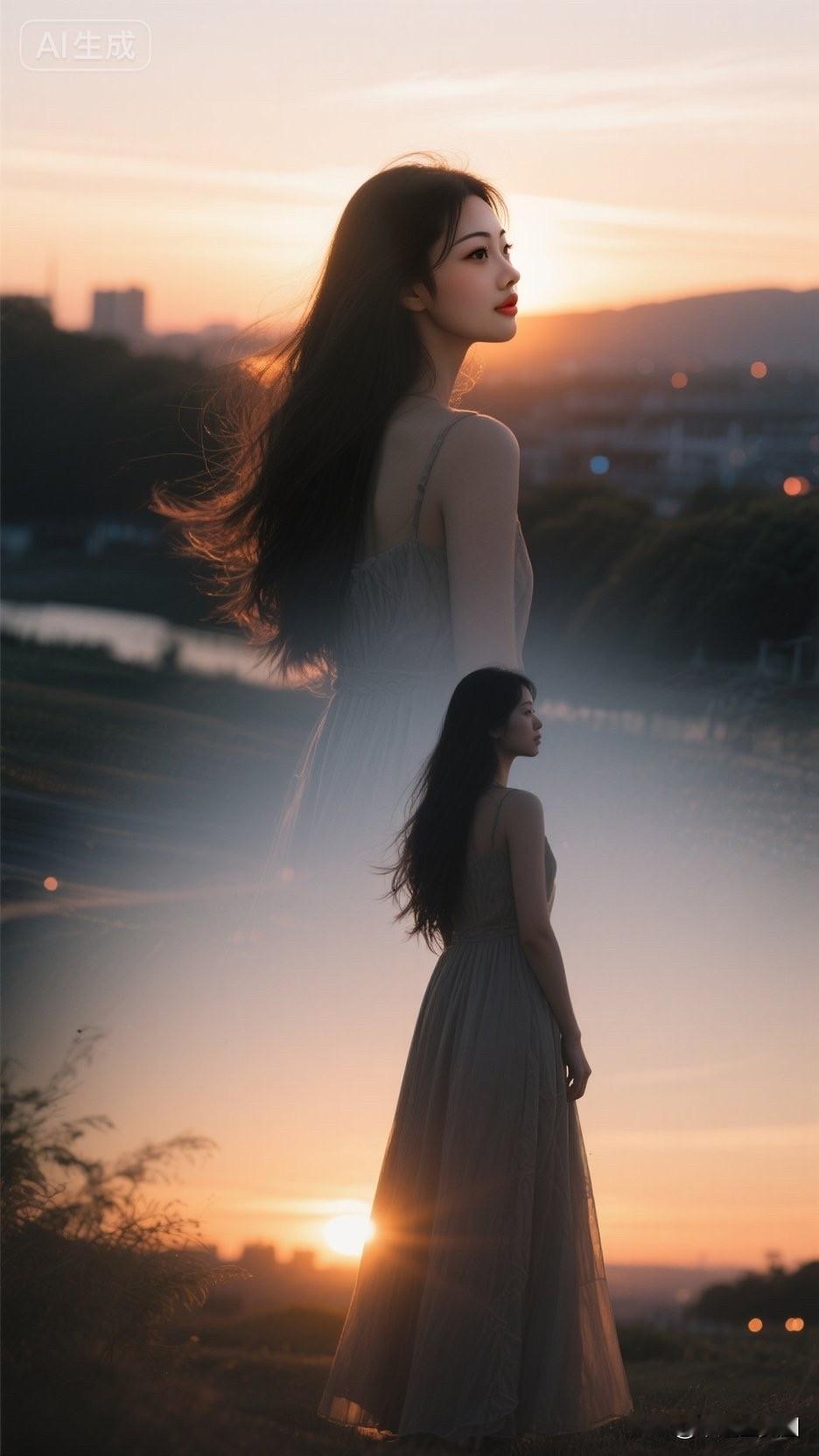 一个女孩站在夕阳下，裙摆随风飘动。