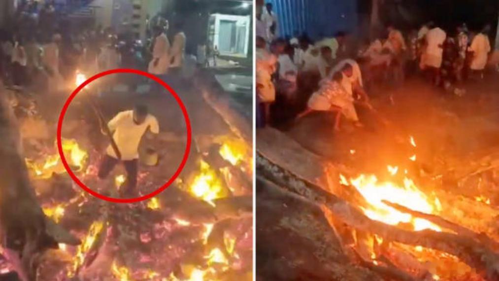 印度男子提油桶过火坑摔倒烧伤身亡印度卡纳塔克邦一场节庆出事了，28岁男子参加过火