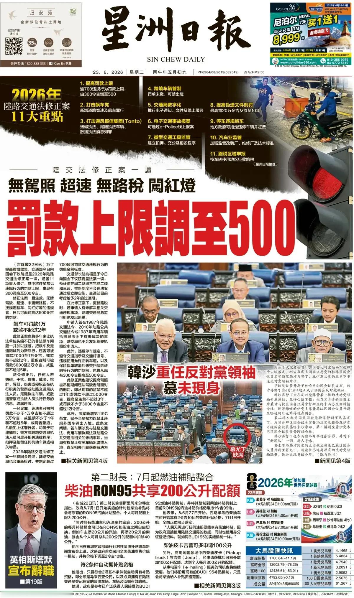 马来西亚《星洲日报》头版报道称，马来西亚政府为提高法律对交通违规者的震慑效果，星