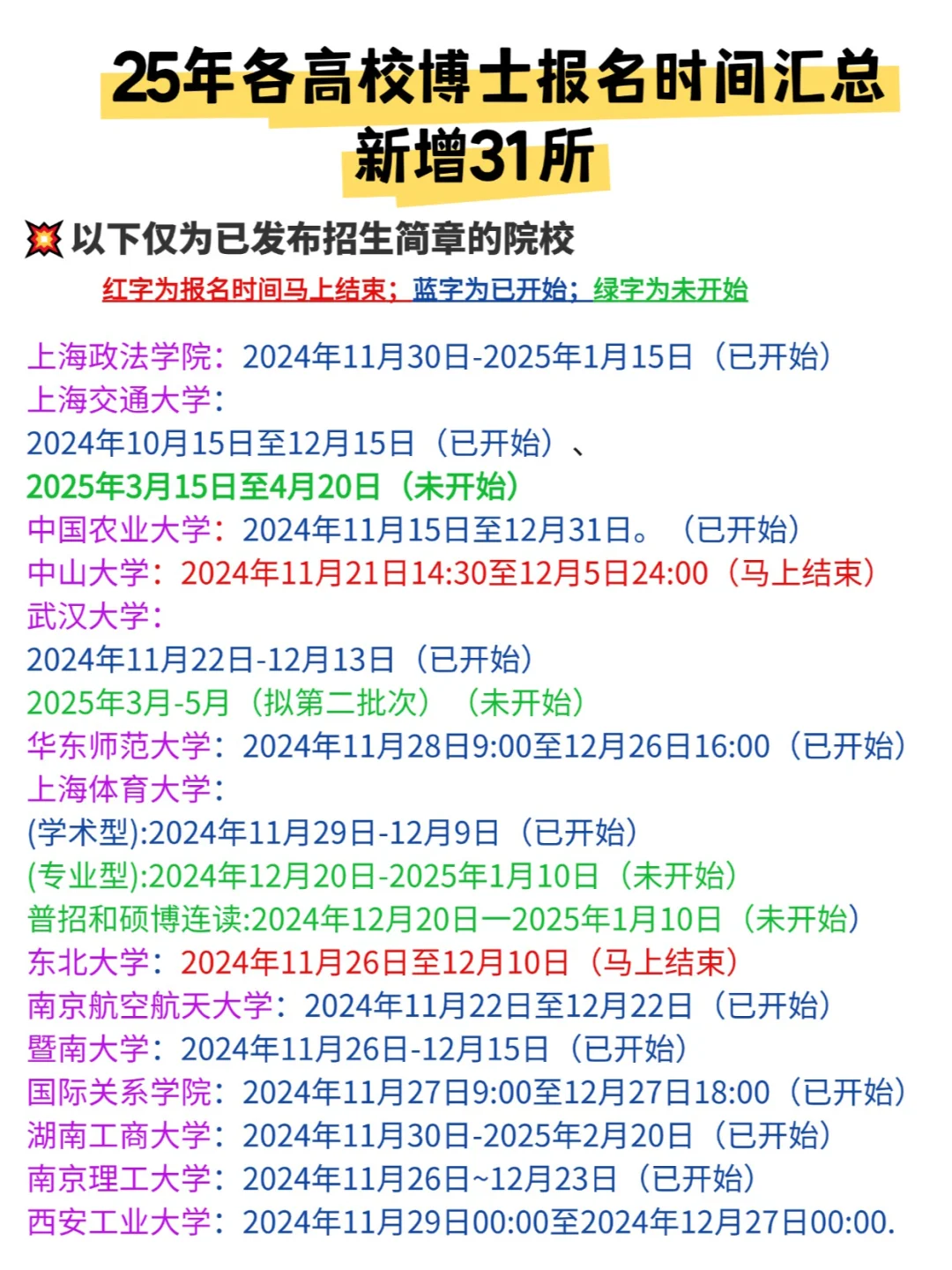 25年各高校博士报名时间更新中，新增31所