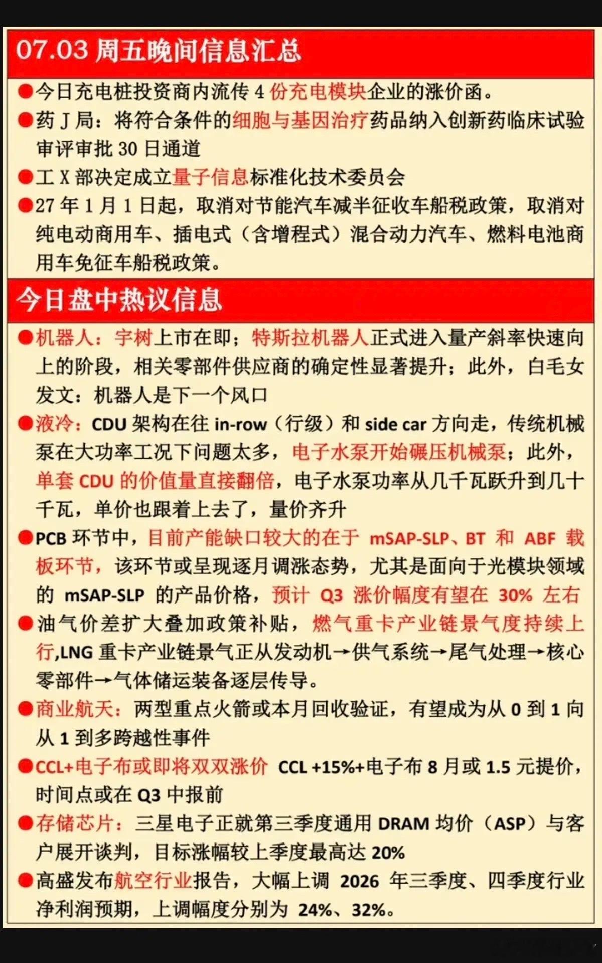7.03周五  晚间：财经热点信息汇总！1.充电桩2.宇树科技3.液冷服务器4.